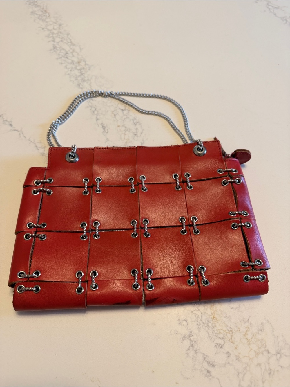 Red Leather made in Italy Grid-Panel Shoulder Bag with Silver Chain